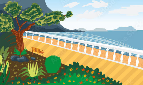 Landscape by the sea. Seafront. Imitation of watercolor. Summer landscape. Vector illustration