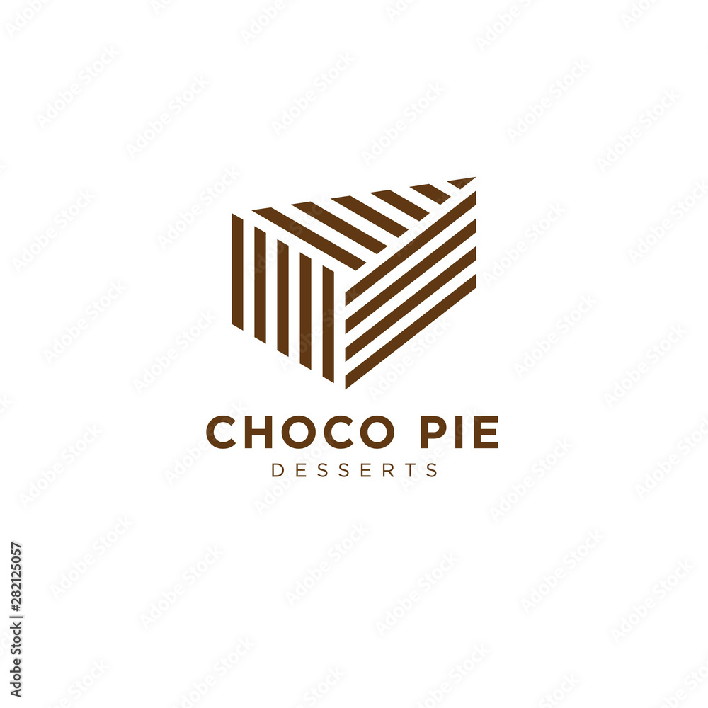 Choco pie bakery logo. Cakes, fresh pastry to order. A piece of cake consist of brown lines, isolated on a white background. Choco pie bakery logo. Cakes, fresh pastry to order. A piece of cake consist of brown lines, isolated on a white background.