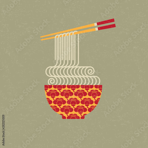 Chinese cuisine illustration. Asian food. A bowl with traditional oriental pattern, noodles and chopsticks.