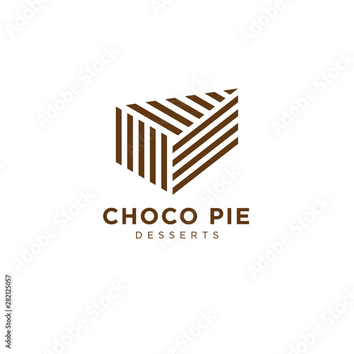 Choco pie bakery logo. Cakes, fresh pastry to order. A piece of cake consist of brown lines, isolated on a white background.