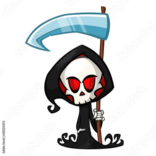 Cute cartoon grim reaper. Halloween vector illustration of death character with scythe
