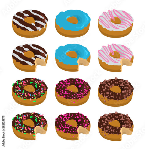 Collection of different donuts, with chocolate, crisps, cream, fondant. Isometric style.