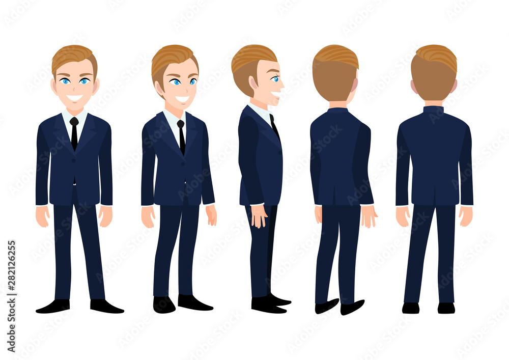 Cartoon character with business man. Front, side, back, 3-4 view animated character. Flat vector illustration. Cartoon character with business man. Front, side, back, 3-4 view animated character. Flat vector illustration.