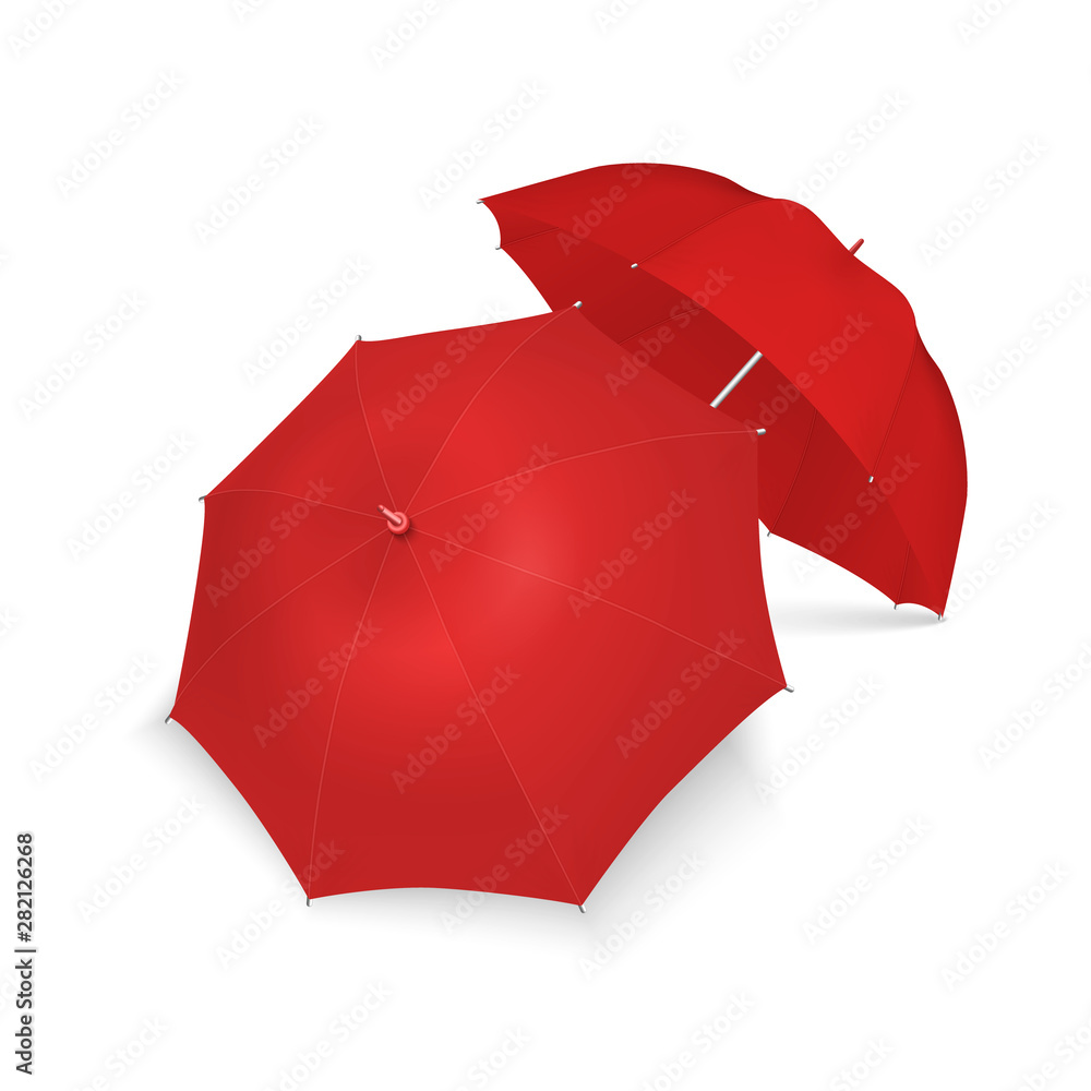 Vector 3d Realistic Render Red Blank Umbrella Icon Set Closeup Isolated on White Background. Design Template of Opened Parasols for Mock-up, Branding, Advertise etc. Top and Front View Vector 3d Realistic Render Red Blank Umbrella Icon Set Closeup Isolated on White Background. Design Template of Opened Parasols for Mock-up, Branding, Advertise etc. Top and Front View