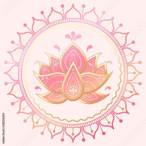 india lotus with namaste text. Cute pretty folk illustration on pink background