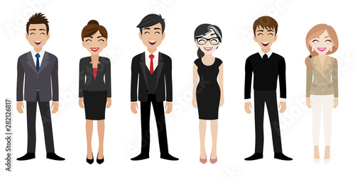 Happy workplace with smiling men and women cartoon character in office clothes design vector