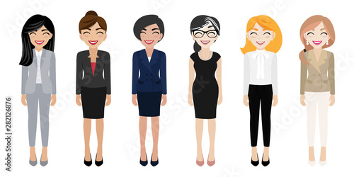 Happy workplace with smiling women cartoon character in office clothes design vector