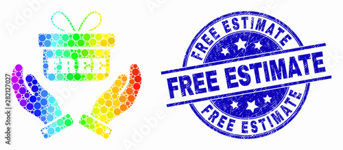 Pixel spectrum hands give gift mosaic pictogram and Free Estimate seal. Blue vector rounded grunge seal with Free Estimate message. Vector composition in flat style.