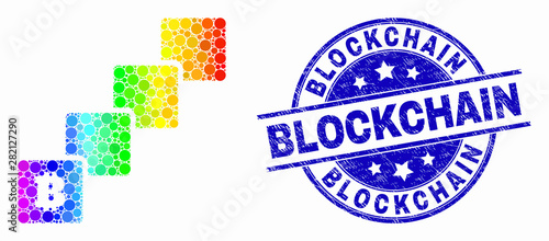 Dot bright spectral bitcoin blockchain mosaic pictogram and Blockchain seal. Blue vector rounded distress seal stamp with Blockchain caption. Vector composition in flat style.