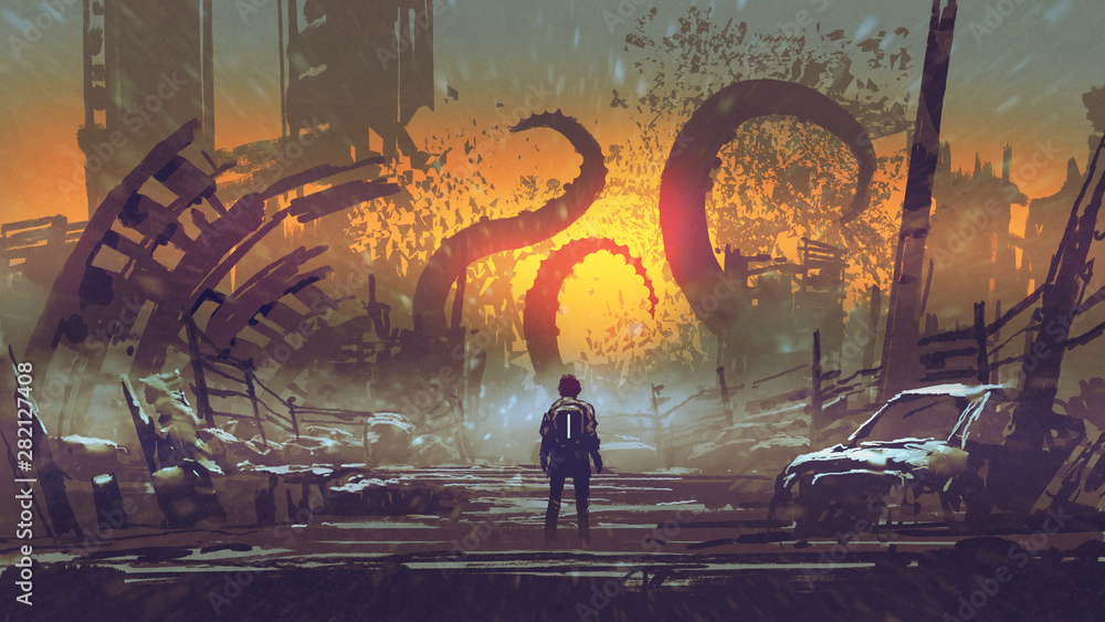 Plakat mężczyzna patrzący na potwora z mackami, który niszczy miasto, cyfrowy styl sztuki, malarstwo ilustracyjne