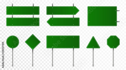 Set of green road signs. Blank traffic signs, highway boards, signpost and signboard. Realistic traffic signs isolated on transparent background