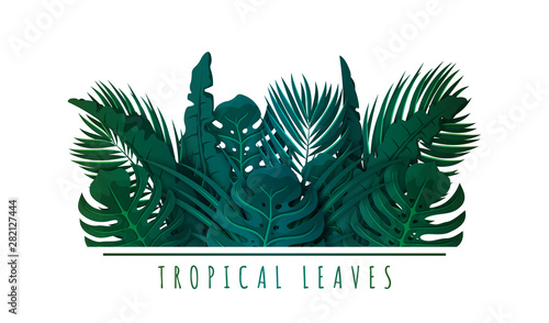 Tropical palm leaves. Exotic leaves and plants. Floral background for banner, flyer or invitation design. Green jungle foliage