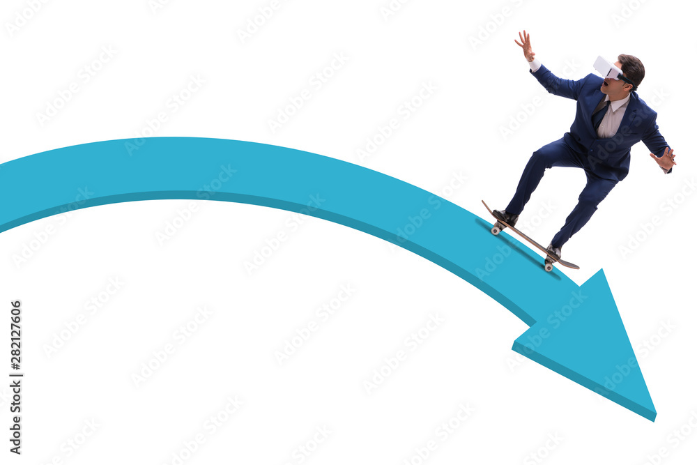 Businessman riding skateboard on financial graph Businessman riding skateboard on financial graph