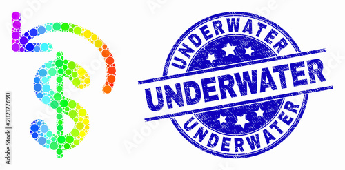 Pixel spectral dollar refund mosaic pictogram and Underwater seal stamp. Blue vector round scratched watermark with Underwater message. Vector combination in flat style.