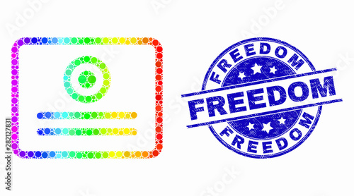 Pixel rainbow gradiented certificate mosaic icon and Freedom seal stamp. Blue vector rounded grunge seal with Freedom text. Vector composition in flat style.