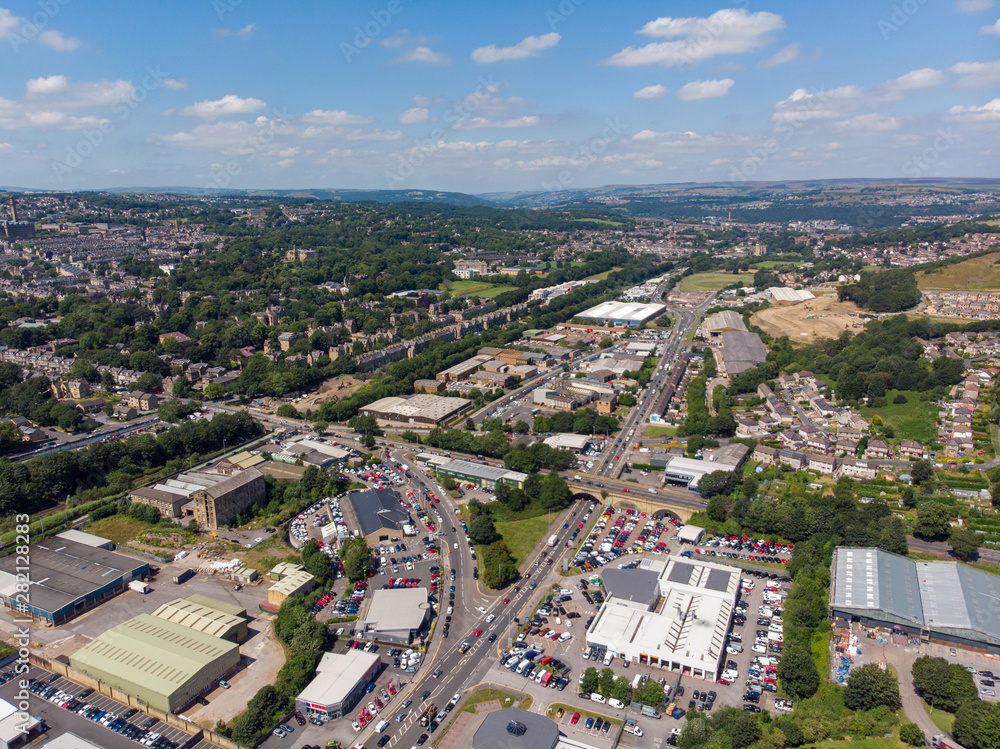 Aerial photo of the British West Yorkshire town of Bradford, showing a typical housing estate in the heart of the city, taken with a drone on a bright sunny day