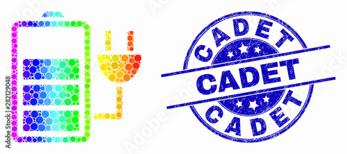 Dot bright spectral charge battery mosaic icon and Cadet seal stamp. Blue vector rounded textured stamp with Cadet phrase. Vector combination in flat style.