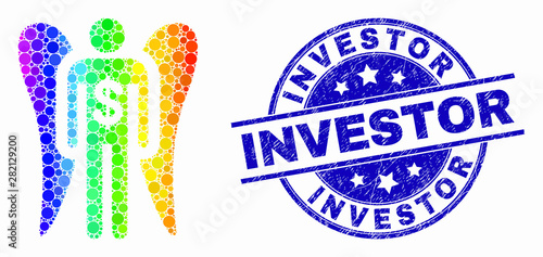 Dotted spectrum angel investor mosaic icon and Investor seal. Blue vector round scratched seal stamp with Investor title. Vector composition in flat style.