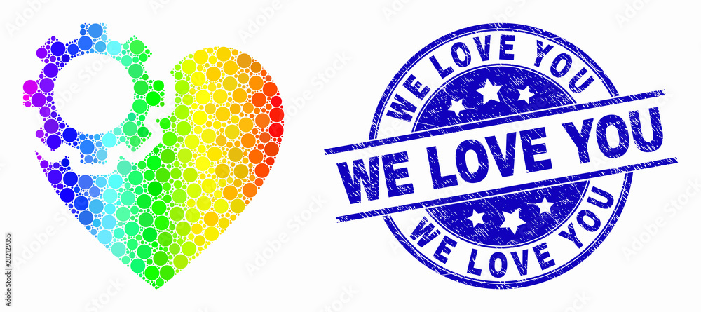Dotted rainbow gradiented heart gear mosaic pictogram and We Love You seal stamp. Blue vector rounded scratched seal stamp with We Love You title. Vector combination in flat style.