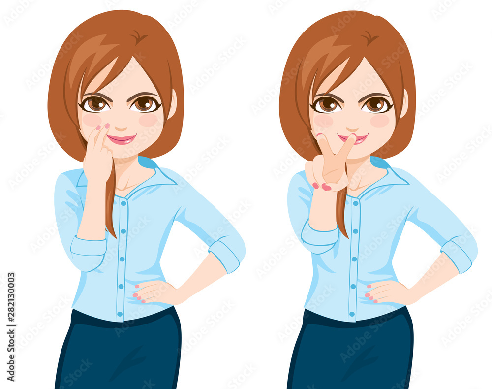 Young businesswoman making watching you motion gesture pointing fingers at eye and towards front Young businesswoman making watching you motion gesture pointing fingers at eye and towards front