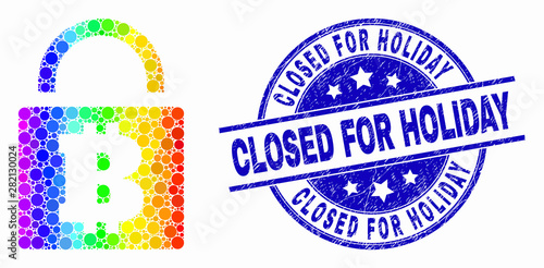 Dotted bright spectral bitcoin lock mosaic pictogram and Closed for Holiday stamp. Blue vector rounded scratched seal stamp with Closed for Holiday message. Vector composition in flat style.