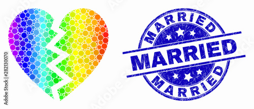 Dot rainbow gradiented broken heart mosaic icon and Married seal stamp. Blue vector rounded textured seal stamp with Married message. Vector combination in flat style.