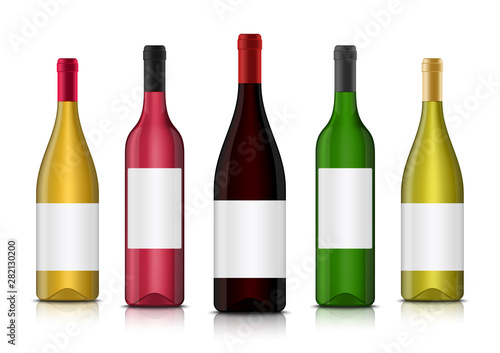 Vector realistic 3d wine bottle mockups with clean labels