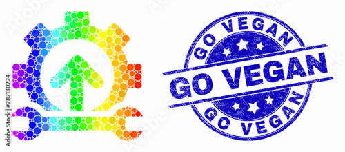 Dotted spectrum forward gear repair mosaic pictogram and Go Vegan stamp. Blue vector rounded textured seal stamp with Go Vegan title. Vector collage in flat style.