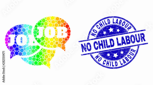 Pixelated rainbow gradiented job forum messages mosaic pictogram and No Child Labour seal. Blue vector rounded distress seal with No Child Labour phrase. Vector collage in flat style.