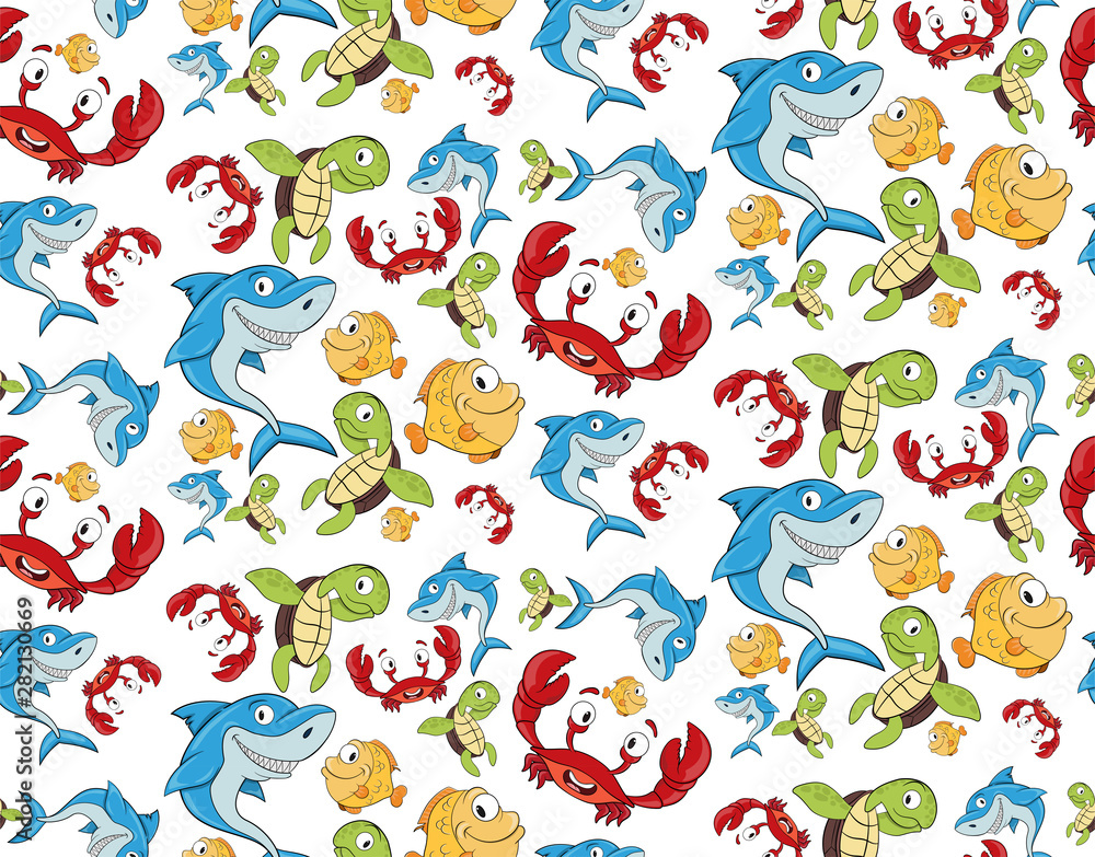 Cartoon summer seamless pattern with sea animals fish crabs shark turtles vector Cartoon summer seamless pattern with sea animals fish crabs shark turtles vector