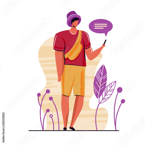 Young man chatting on social media network with friends. Using smartphone for surfing on web,boy addicted to internet and digital gadgets.Vector illustration with flat cartoon character.