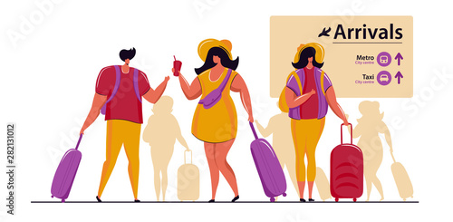 Group of tourists, man, women at the airport terminal with backpacks and suitcases.People looking for airplane flight.Travel and vacation background.Vector illustration flat cartoon characters.