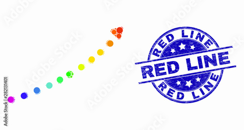Dot bright spectral dotted up trend arrow mosaic icon and Red Line seal stamp. Blue vector rounded scratched seal stamp with Red Line text. Vector composition in flat style.