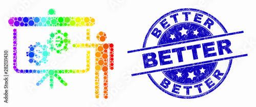 Dotted bright spectral financial engine presentation mosaic pictogram and Better seal. Blue vector round scratched seal with Better caption. Vector collage in flat style.