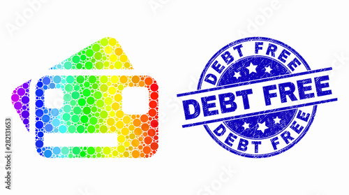 Pixel spectral bank cards mosaic icon and Debt Free seal stamp. Blue vector rounded grunge seal stamp with Debt Free title. Vector collage in flat style.