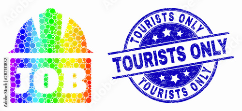 Pixel spectral job helmet mosaic icon and Tourists Only seal stamp. Blue vector rounded distress seal stamp with Tourists Only phrase. Vector collage in flat style.