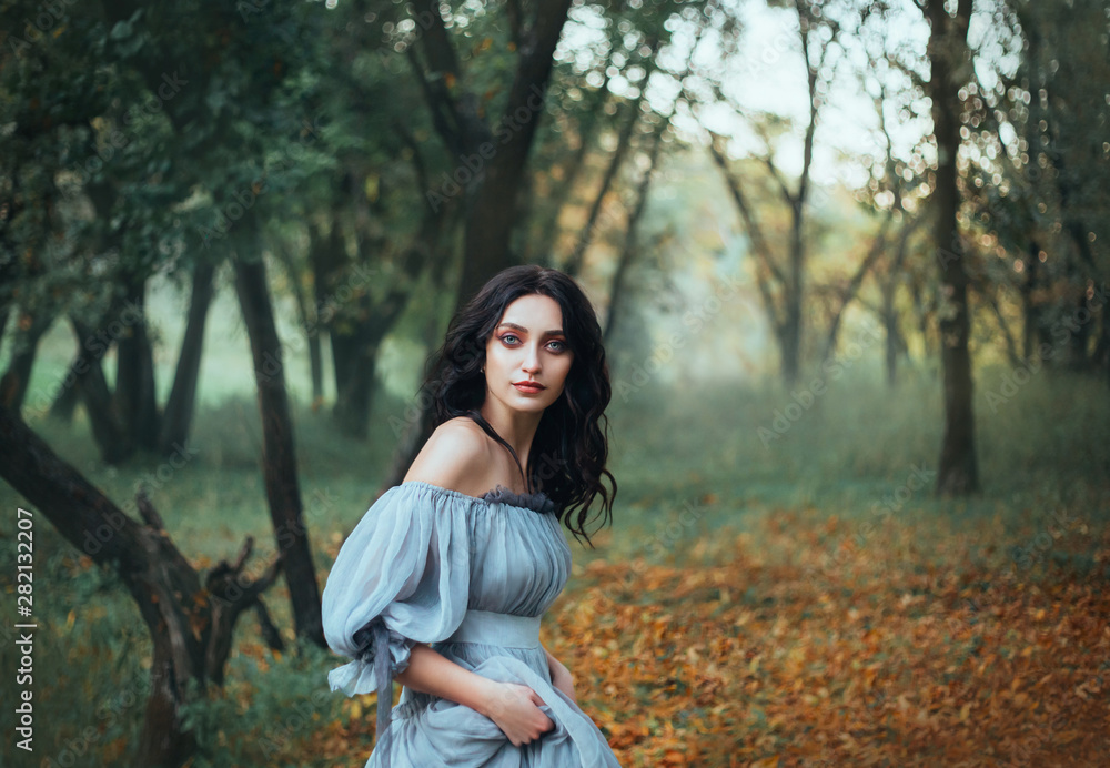 mythical story about woman Pandora, lady with tar black hair and blue eyes, forest beauty in gray dress with bare shoulders hiding alone, portrait of enchantress in green grove with autumn leaves mythical story about woman Pandora, lady with tar black hair and blue eyes, forest beauty in gray dress with bare shoulders hiding alone, portrait of enchantress in green grove with autumn leaves