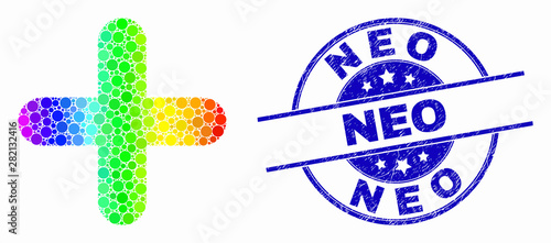 Dotted rainbow gradiented cross mosaic icon and Neo seal stamp. Blue vector rounded scratched watermark with Neo text. Vector combination in flat style. Colorful gradient cross mosaic of random dots,