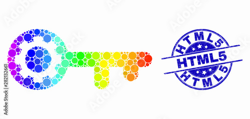 Dotted spectrum key gear mosaic pictogram and Html5 seal stamp. Blue vector rounded scratched seal stamp with Html5 phrase. Vector composition in flat style.