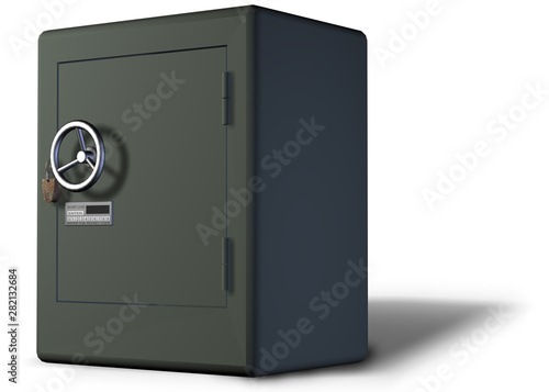 3D rendering. Modern safe on white background with digital combination lock and old rusty iron lock. Business and financial concept and humor.