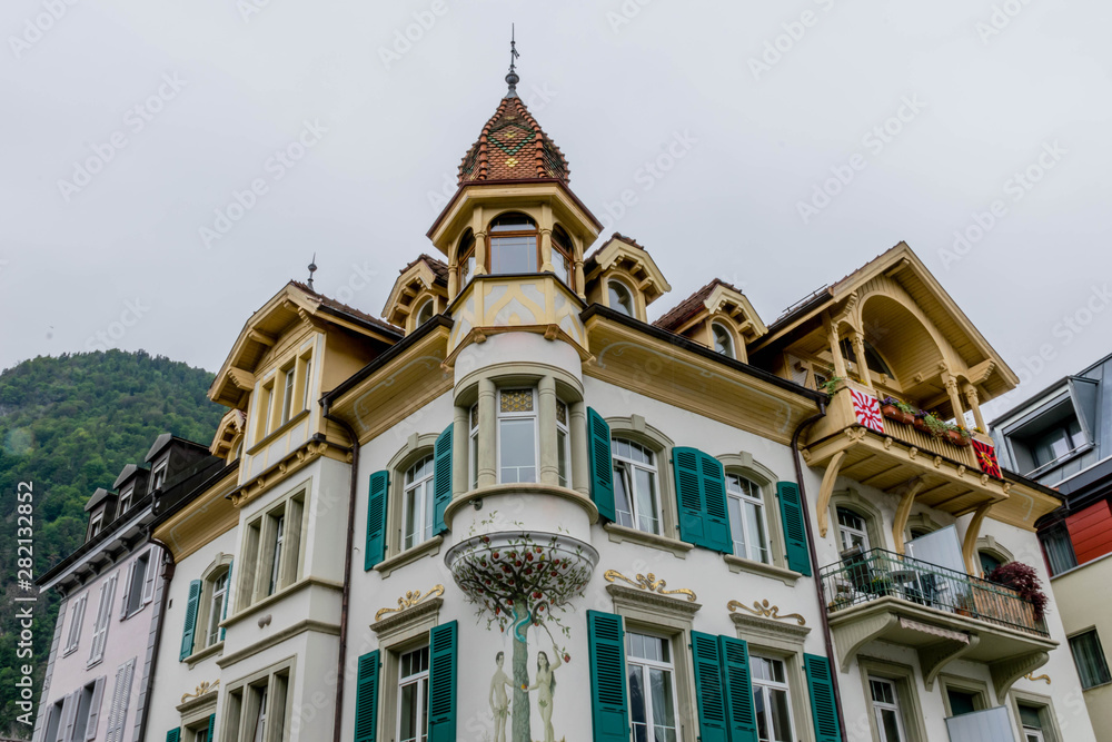 Yellow beautiful german-style house in Interlaken, Switzerland