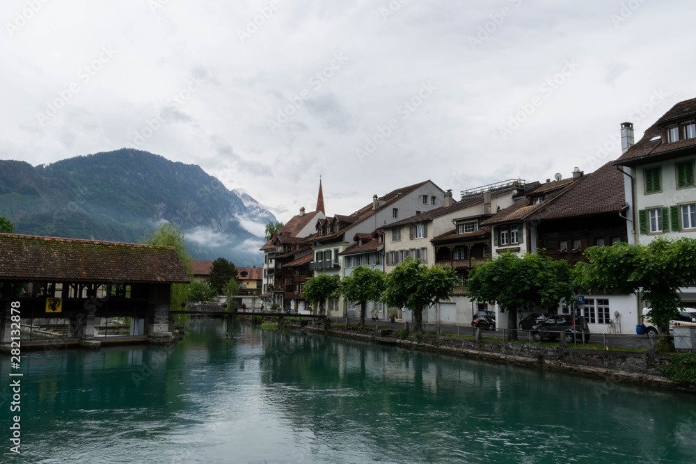 View on Aare river and Interlaken town, Switzerland