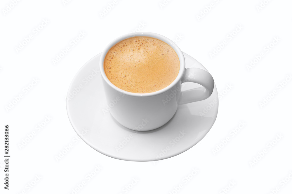 Closeup to white cup of espresso coffee on isolated on white background Closeup to white cup of espresso coffee on isolated on white background