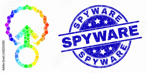 Dotted spectral insemination mosaic pictogram and Spyware seal stamp. Blue vector rounded distress stamp with Spyware phrase. Vector combination in flat style.