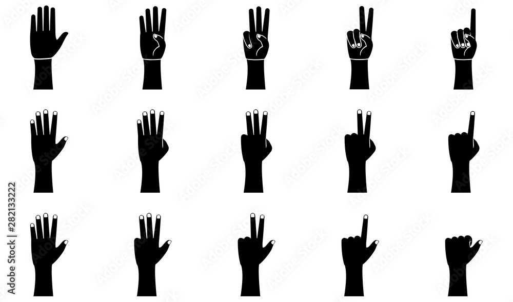 Hand gestures icons set in glyph style. Palm and wrist. One, two, three, four, five fingers vector illustration on a white background