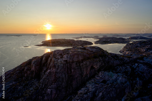 Aerial view of a beautiful sunset at Ulebergshamn in Hunnebostrand, Sweden