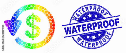 Pixel rainbow gradiented dollar refund mosaic pictogram and Waterproof stamp. Blue vector round grunge seal stamp with Waterproof caption. Vector composition in flat style.