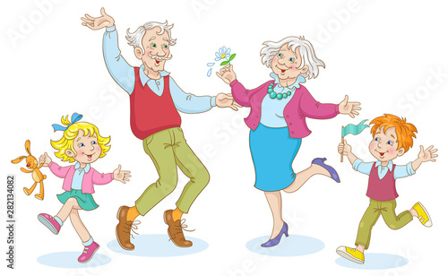 Happy family. Cheerful grandmother, grandfather and grandchildren are dancing together.  In cartoon style. Isolated on white background.