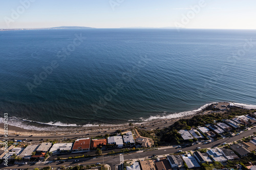 Aerial of ocean view housing in near Topanga Canyon and Pacific Coast Highway in Los Angeles, California.