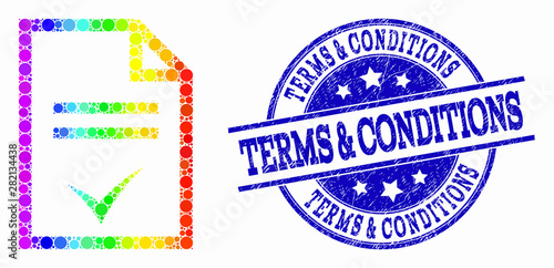 Dotted bright spectral agreement page mosaic icon and Terms & Conditions seal stamp. Blue vector rounded scratched seal stamp with Terms & Conditions text. Vector composition in flat style.
